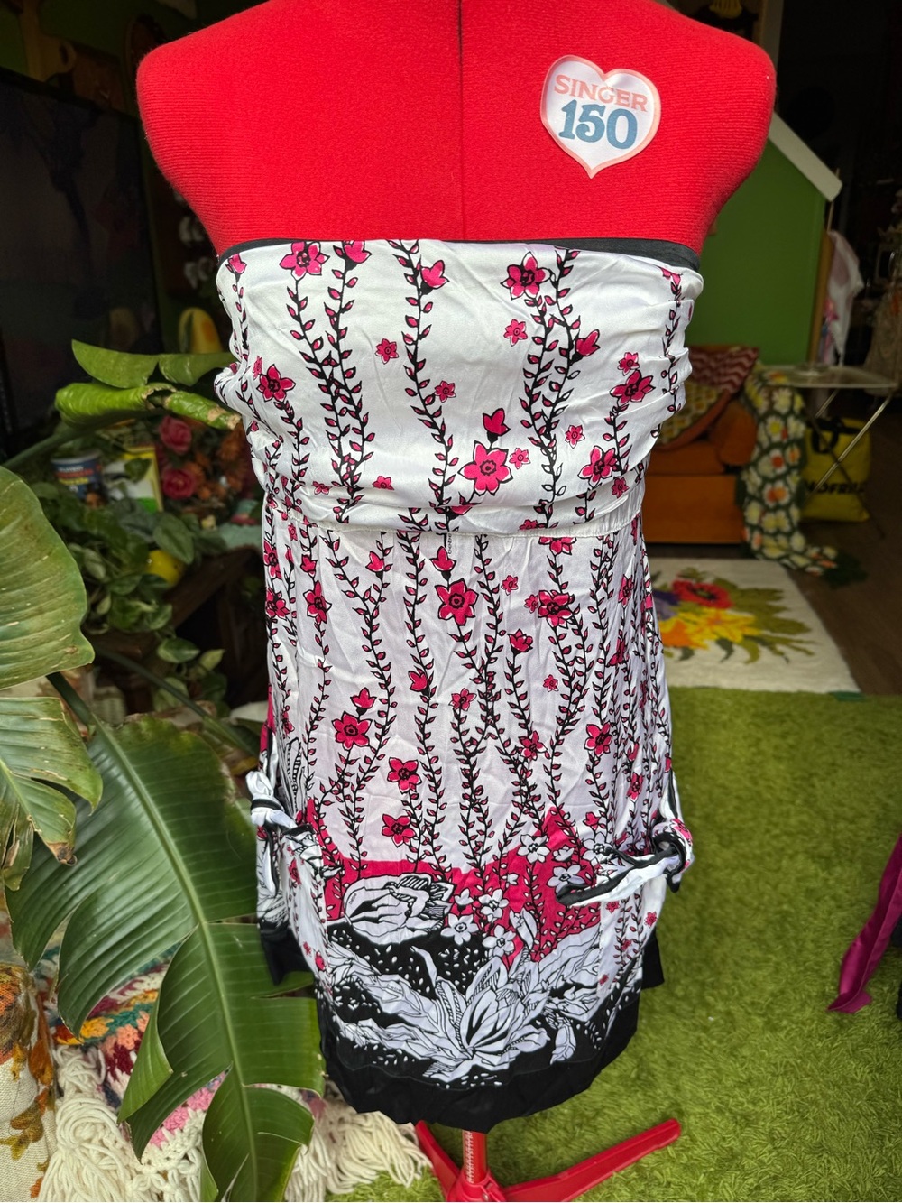 bebe White Floral Strapless Tank with Pink and Black Print